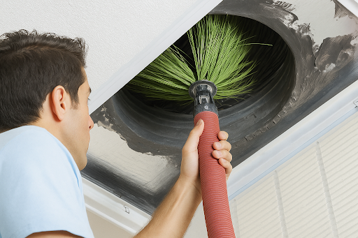 HVAC technician cleaning dusty air ducts in a home.