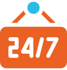 24/7 hanging sign icon representing around-the-clock emergency HVAC services in San Jose CA.