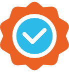 Orange and blue badge icon with a checkmark, representing satisfaction, verification, and guaranteed quality of service.