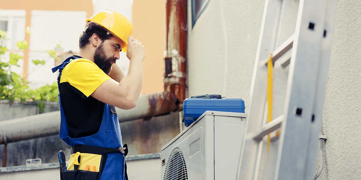 An HVAC technician adjusts his hard hat while inspecting an outdoor AC unit next to a ladder in San Jose.