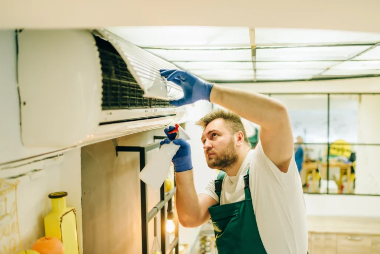 A man cleaning up the air-conditioner.